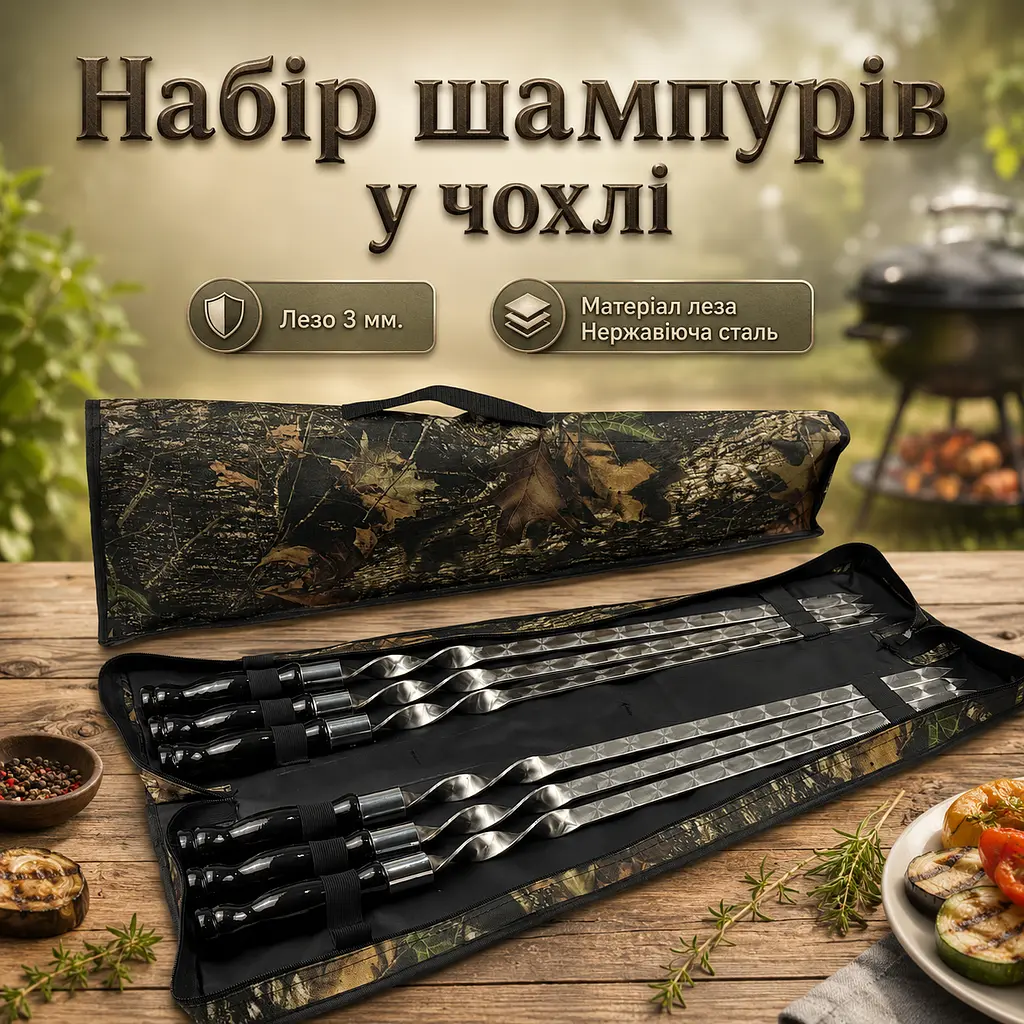 Набір шампурів для люля-кебаб у чохлі "BLACK" 6 шт довжина 65 см ширина леза 20 мм з нержавіючої сталі для люля-кебаб - фото 2