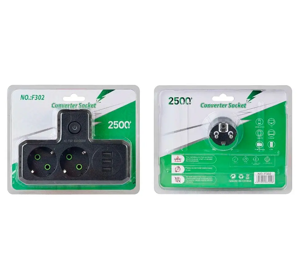 Розетка двойник с заземлением Voltronic F-302 Black, 2 розетки+3USB (1А), 2500W, 10A, 220V - фото 4