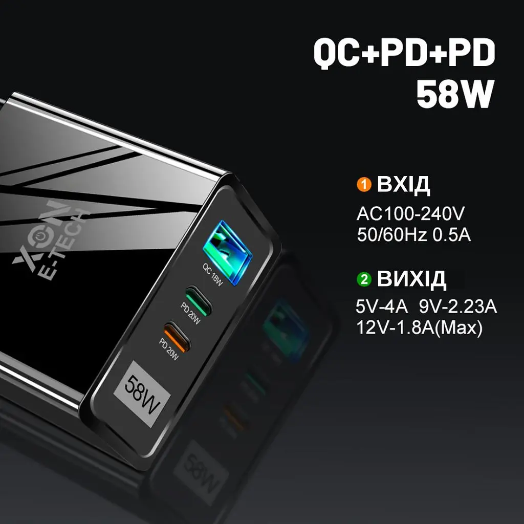 Зарядное устройство XON PowerCharge 58W (PD20) USB Type-C (PCWA058020A1С2B 6068) Черный - фото 6