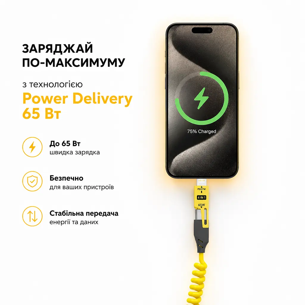 Кабель XON SmartCable Type-C/Type-A - Type-C/Lightning PD 65W 1.5м MultiLink (SC5ACL6W1Y 4593) Жовтий - фото 6