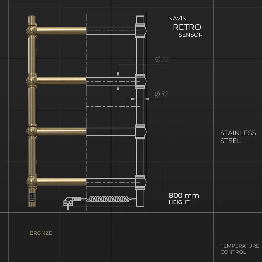 Электрический полотенцесушитель Navin Retro 500x800 Sensor левая, бронза 12-228153-3680, Бронза, Левое, Электронный - фото 5