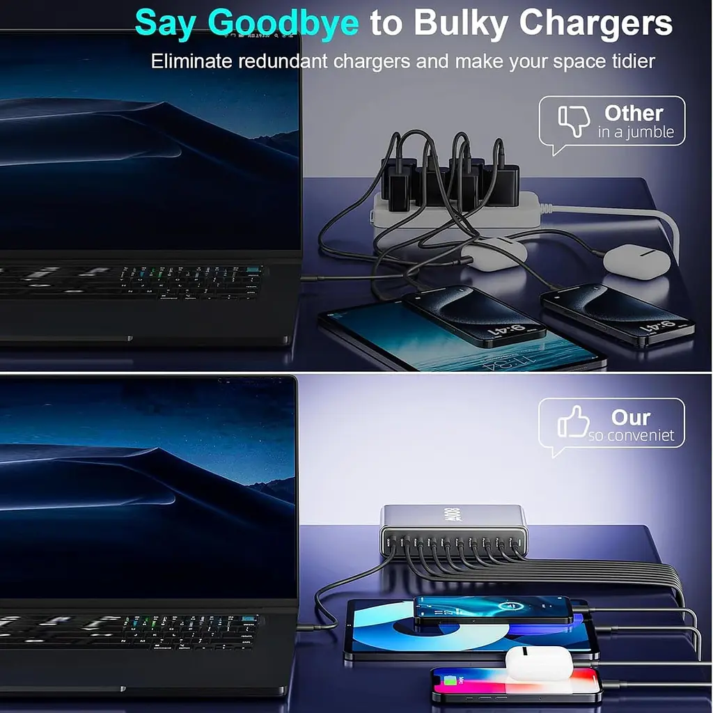 Мережева зарядна станція ILEPO 1000W на 2 USB+8 Type-C мультизарядний пристрій потужний блок живлення Black (19340) - фото 6