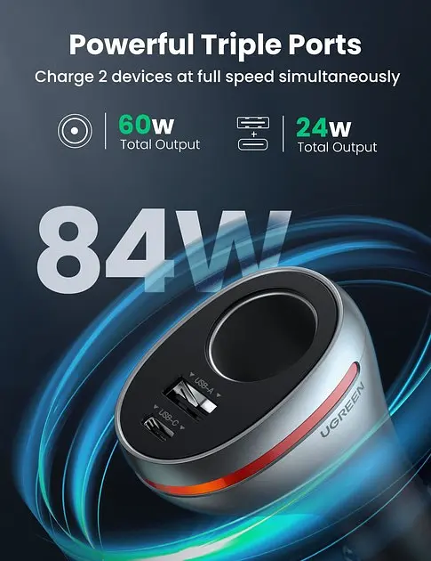 Автоадаптер подовжувач Ugreen CD204 Car Charger with Dual USB Ports Single Extension Socket 20 W (60712) - фото 5