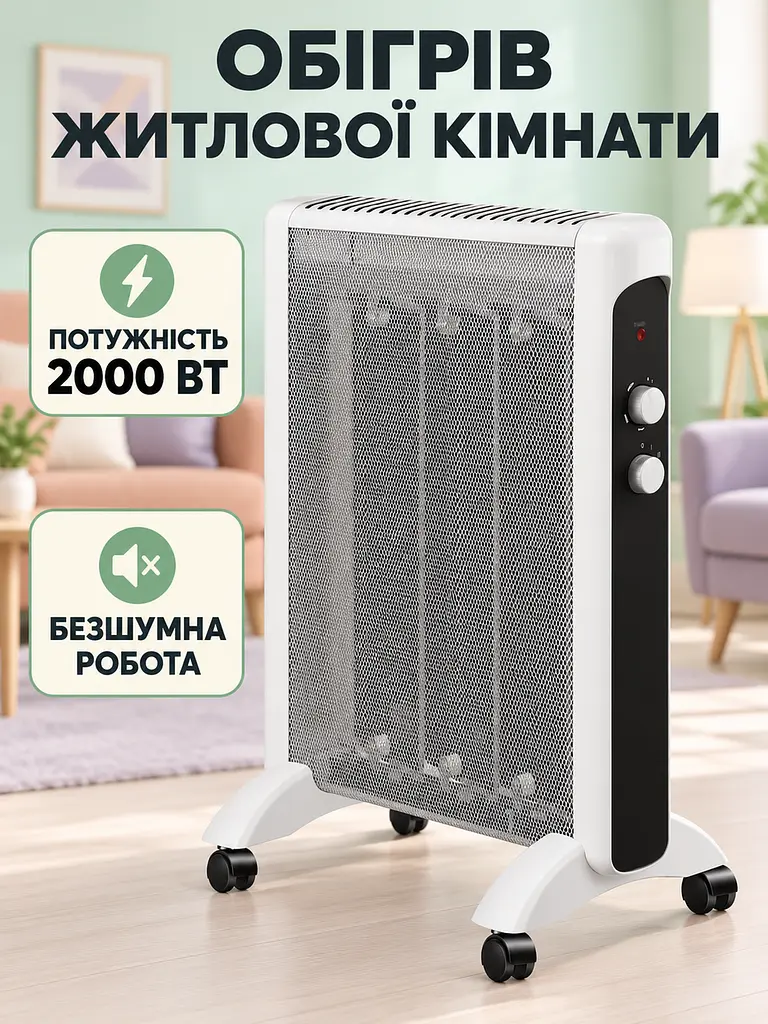 Обігрівач електричний слюдяний 2000 Вт безшумний з термостатом і захистом від перекидання (52836218) - фото 6