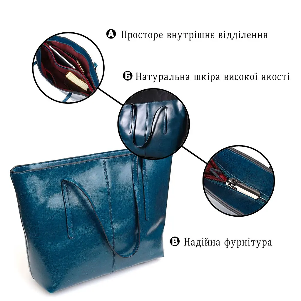 Красива сумка шоппер із натуральної шкіри 22075 Vintage бірюзова - фото 4