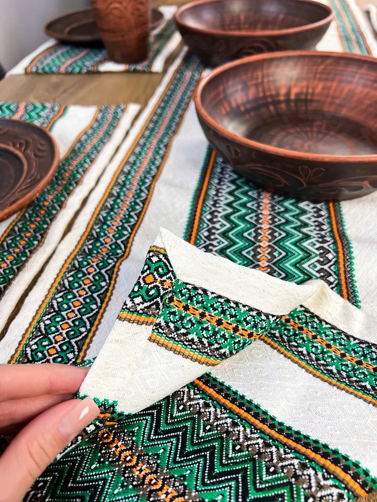 Комплект Ранер 140х30 см + серветки 30х40 см 21 шт Великодній лляний з українським орнаментом Рандеву зелений - фото 7