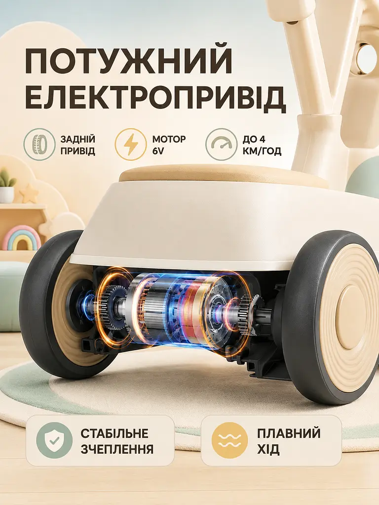 Дитячий електричний толокар 5-в-1 з ручкою, мотором, акумулятором, козирком, музикою та підсвіткою (49676136) - фото 7