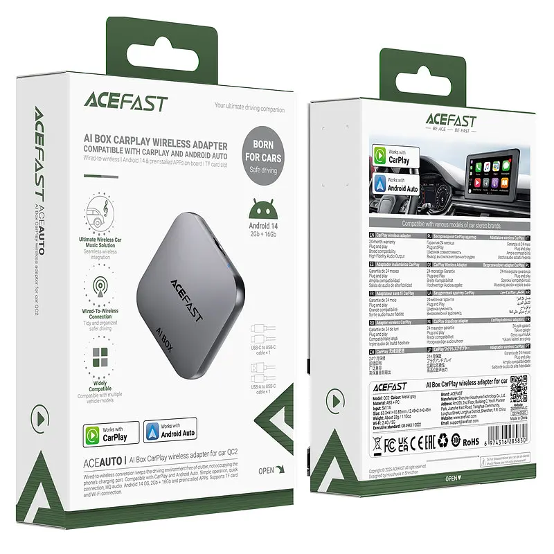 Адаптер ACEFAST QC2 AI Box CarPlay бездротовий adapter for car металево-сірий - фото 2