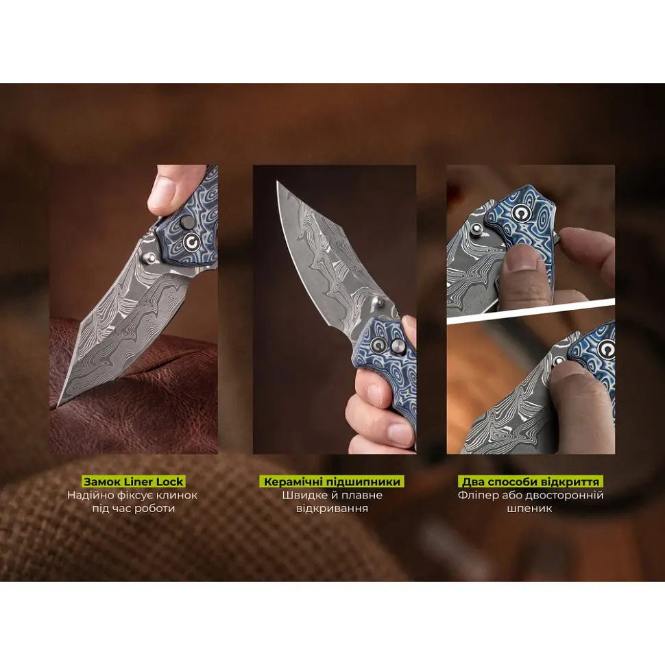Ніж складаний туристичний Civivi Pentad (8.8 см) Damascus / Micarta синій/білий - фото 14