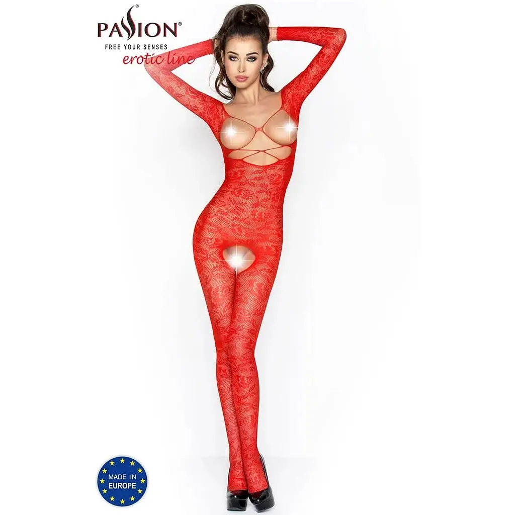 Бодістокінг Passion BS031 Red, комбінезон з відкритими грудьми - фото 2