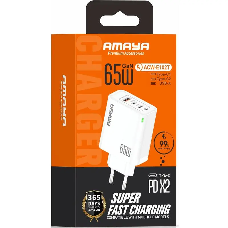 МЗП E102T PD65W+QC3.0 GaN (1USB-A/2C) White Amaya teh0029681 - фото 2