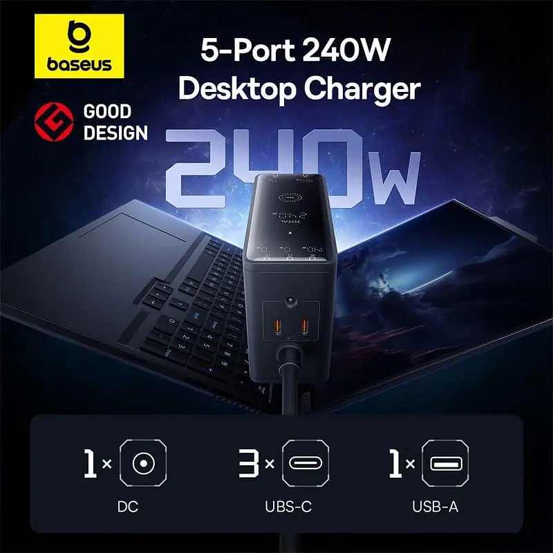 Зарядний пристрій Baseus Digital GaN Intelligent Desktop Fast Charger 240W (3xType+C+USB+DC) (With Cable DC to DC black (P10163901113-00) - фото 11