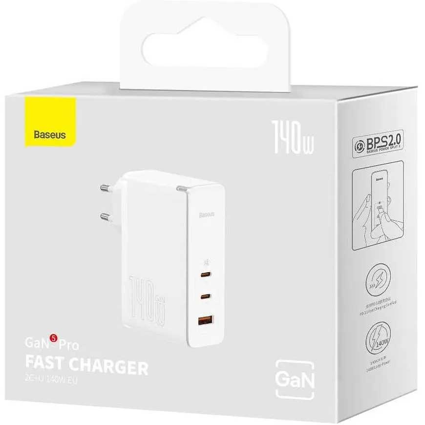 Мережевий зарядний пристрій Baseus GaN5 Pro Fast Charger 2C+U 140W White + Cable USB-C (CCGP100202) [96286] - фото 8
