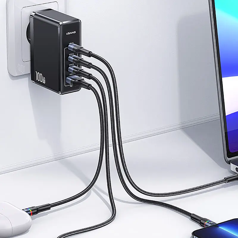 МЗП Usams US-CC163 T50 4 Ports GaN Fast Charger 100W (1USB-A/3C) Black - фото 2