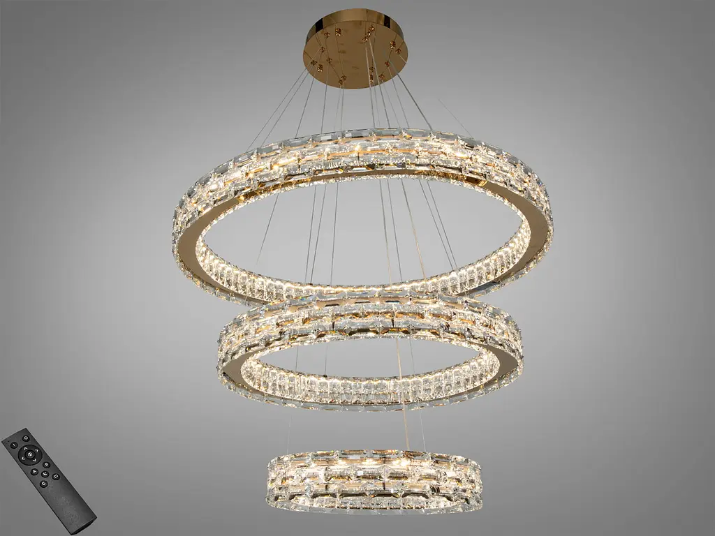 Підвісна LED-люстра Diasha 7896/800+600+400S-Gold з трьома кришталевими кільцями, пультом, 98 W, Gold, 78 см, 16-30m2 - фото 2