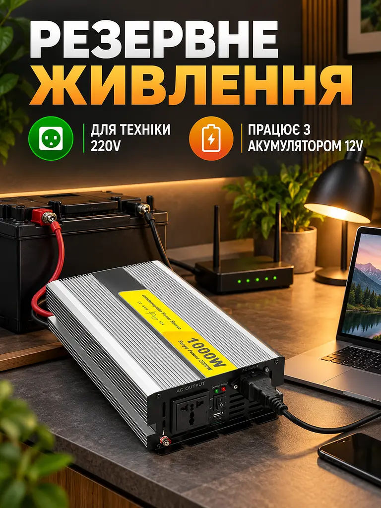 Інвертор 12V–220V 1000 Вт із зарядним пристроєм 15 А та функцією ДБЖ, сріблястий (49676445) - фото 7