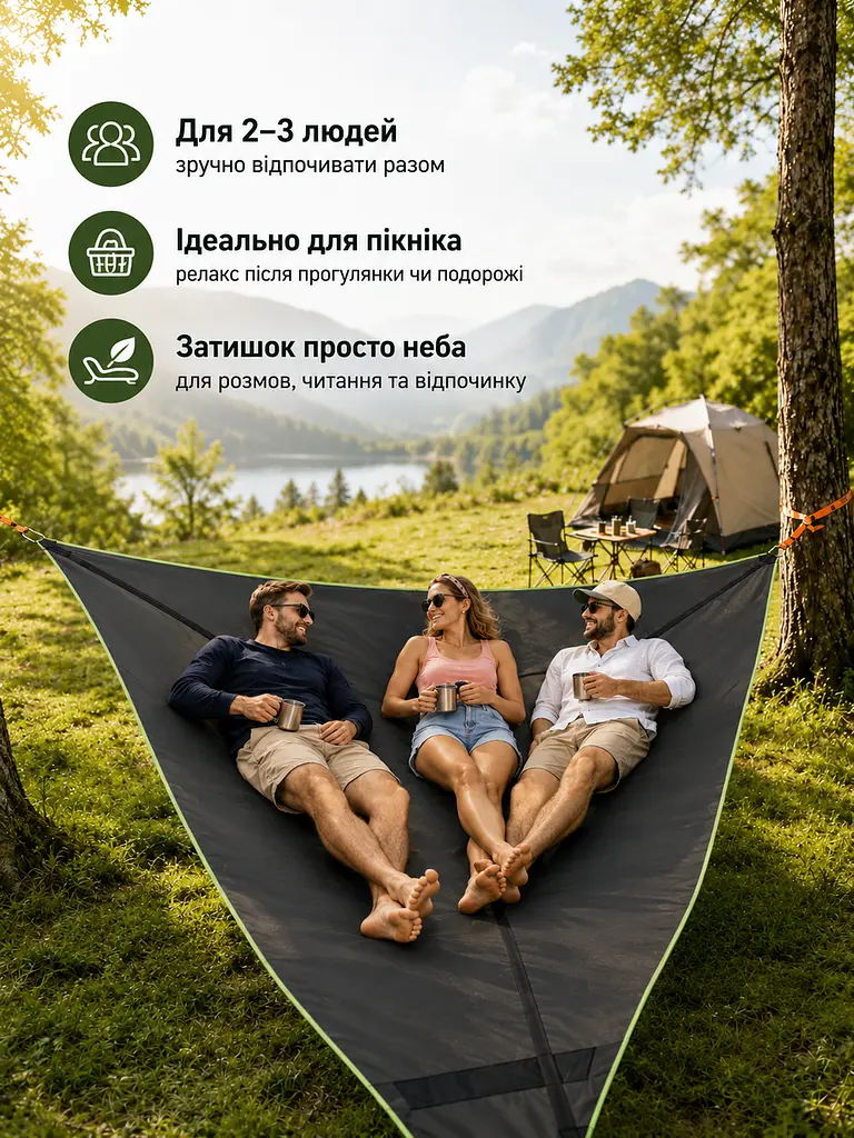 Трикутний гамак-сітка підвісний 280x280x280 см до 200 кг, чорний (49675900) - фото 5