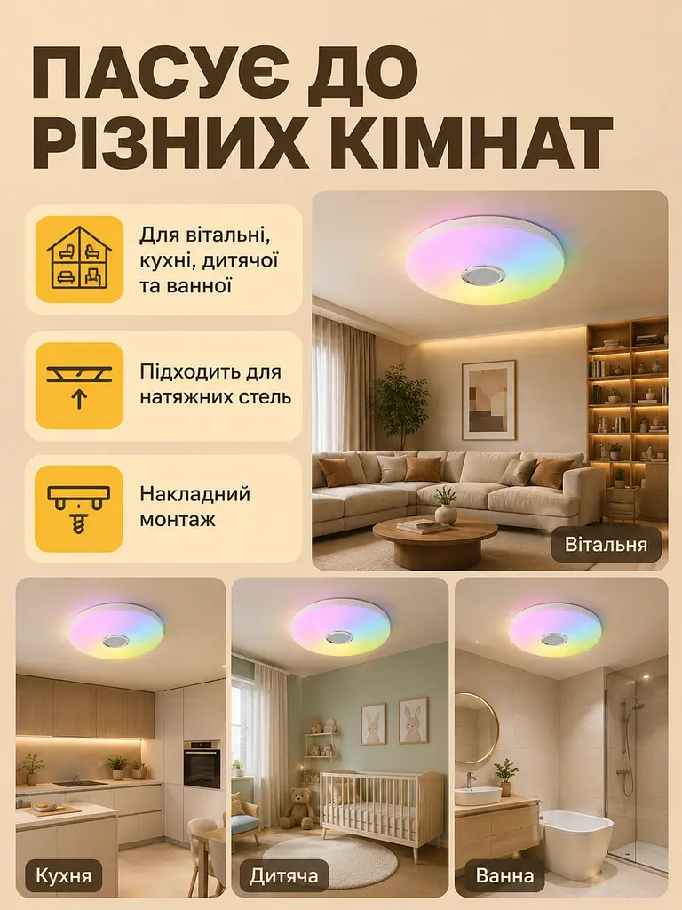 Світлодіодна стельова люстра-світильник RGB з Bluetooth колонкою та пультом (26276280) - фото 6
