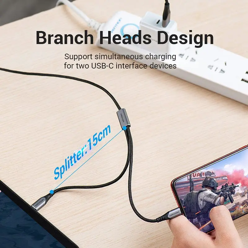 Кабель USB 2.0 AM - 2хType-CM, 1.0 м Y-Splitter Charging Cable 2.4А 480Mbps Aluminum Alloy Vention - фото 6