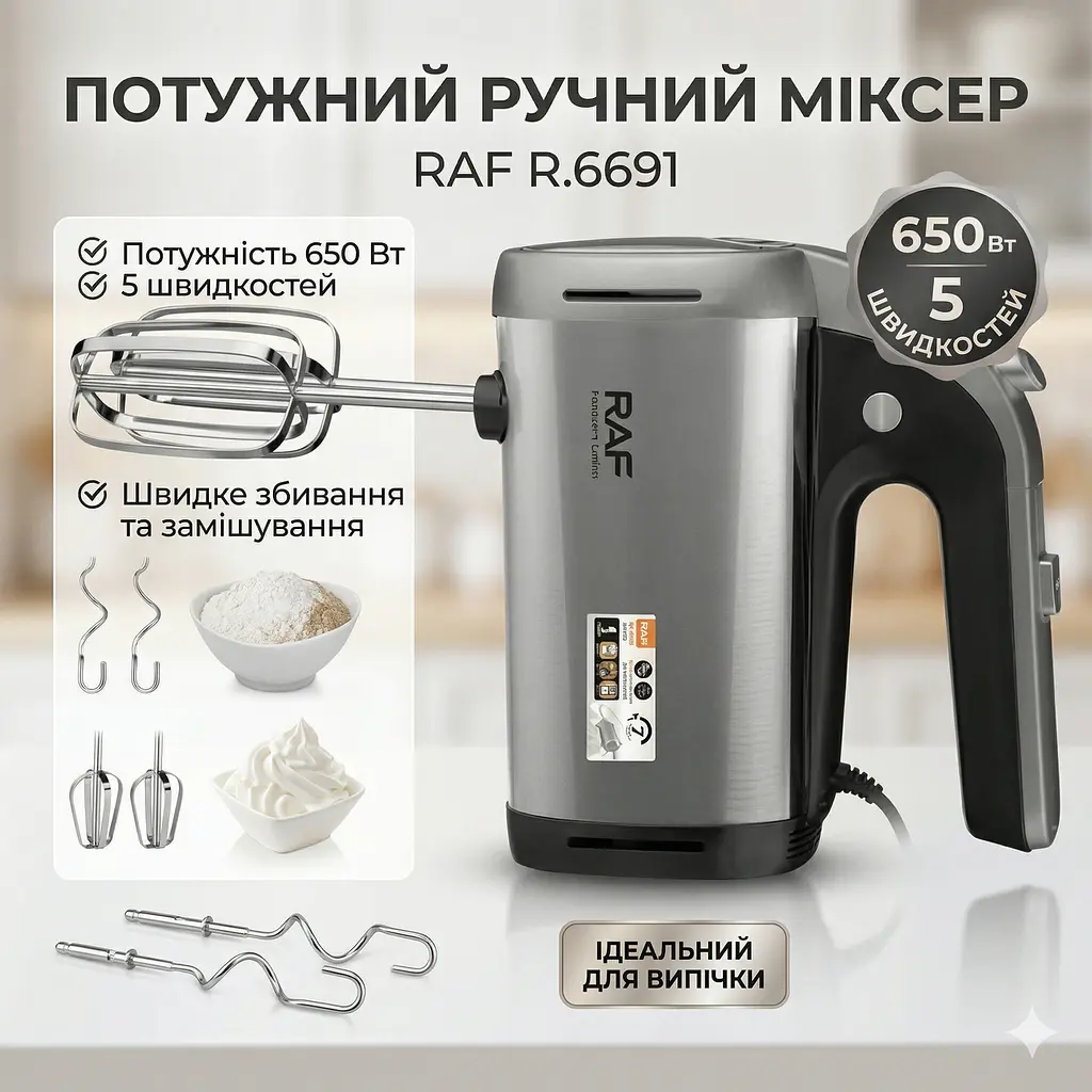 Електричний міксер для кухні на 5 швидкостей на 650 Вт RAF R.6691 Чорно-сірий Кухонний електричний міксер - фото 2