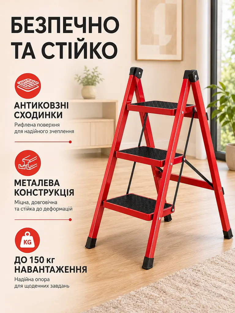 Складна драбина-стрем’янка металева 3 сходинки 84x40 см до 150 кг, червона (49675899) - фото 3