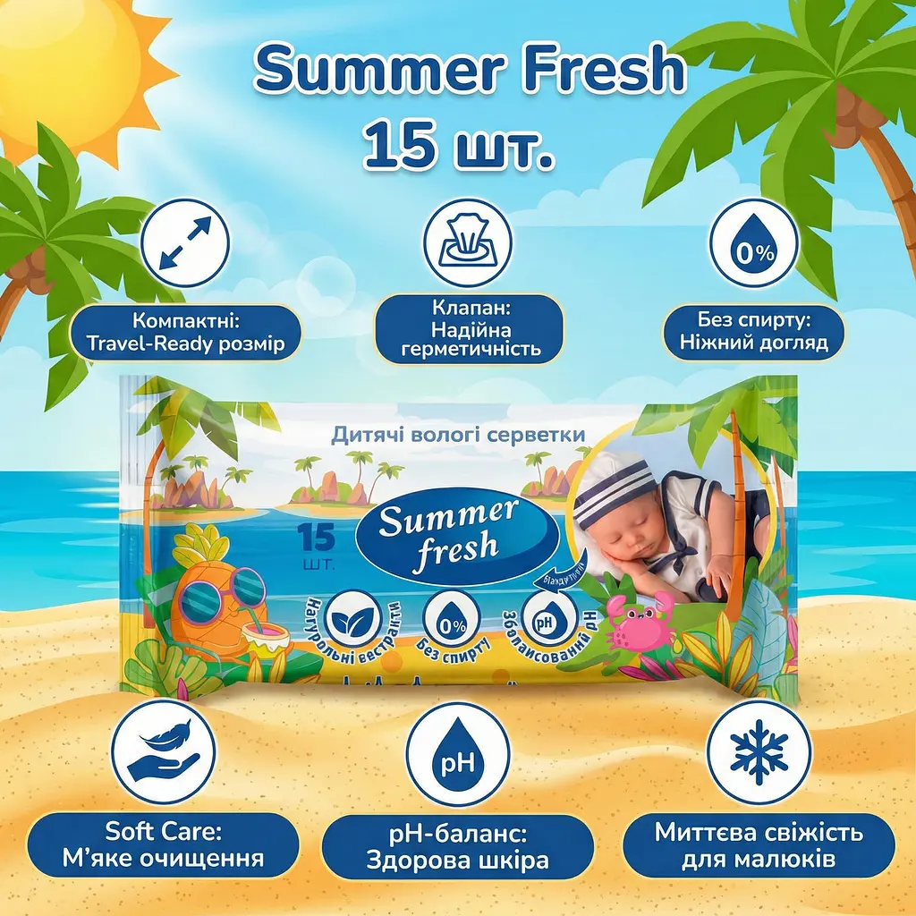 Вологі серветки для дітей Summer Fresh Дитячі 15 шт. Серветки без спирту - фото 2