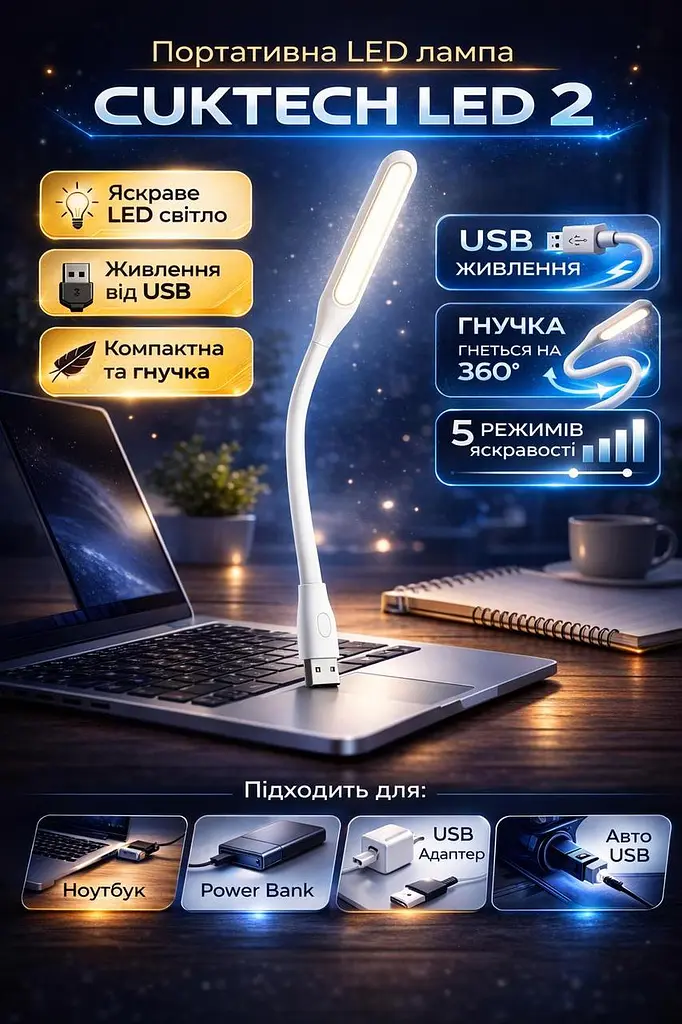 USB LED лампа CUKTECH (ZMI) LED 2 AL003 для ноутбука Power Bank портативна світлодіодна 5 режимів гнучка White - фото 2