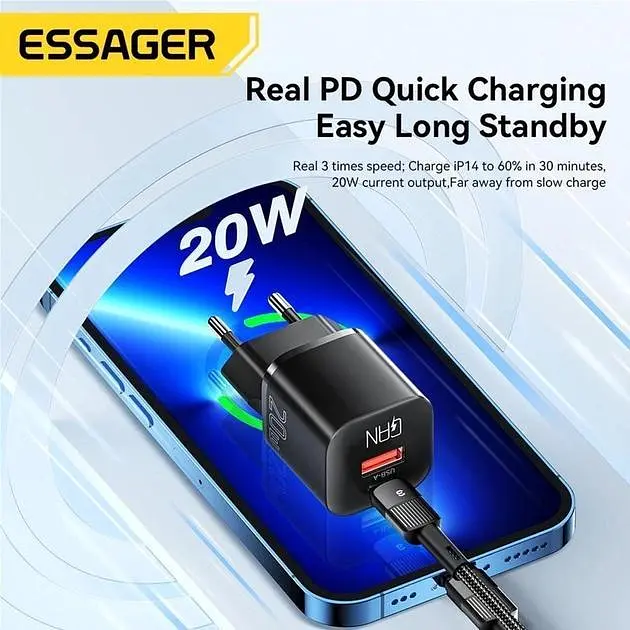 Зарядний пристрій Essager Camber 20W GaN Travel Phone Charger USB A + Type C EU Black (ECTAC-HMB01-P) - фото 4