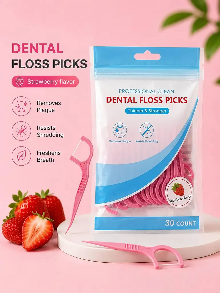 Зубна нитка на тримачі Dental Floss Picks для очищення міжзубних проміжків зі смаком полуниці, 30 шт - фото 2