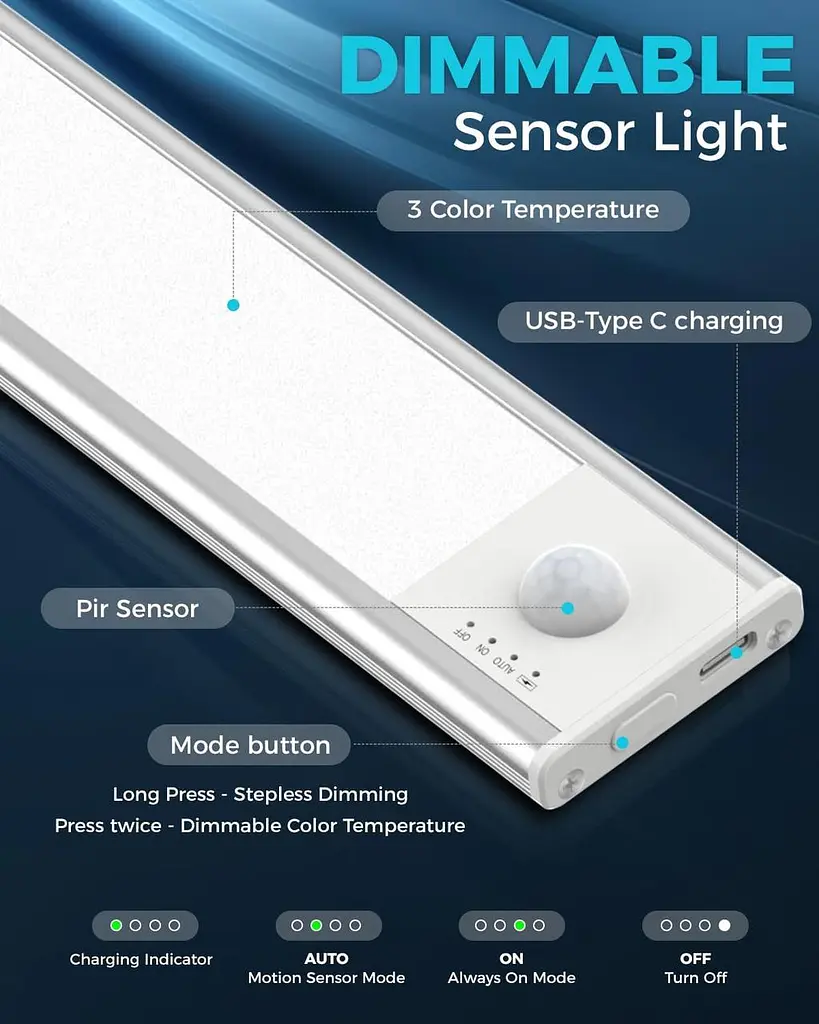 Бездротовий LED світильник під шафу Libtit UC11 23 см з датчиком руху і магнітним кріпленням срібний (SKU-134) - фото 3