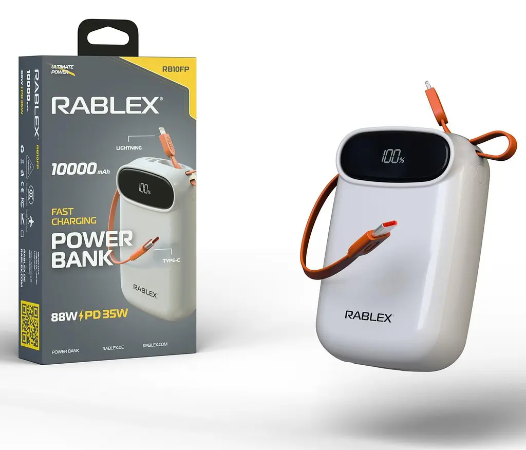 Портативная батарея Rablex RB10FP 10000mAh со встроенным USB-C кабелем PD35W Fast charging Power Bank - фото 3