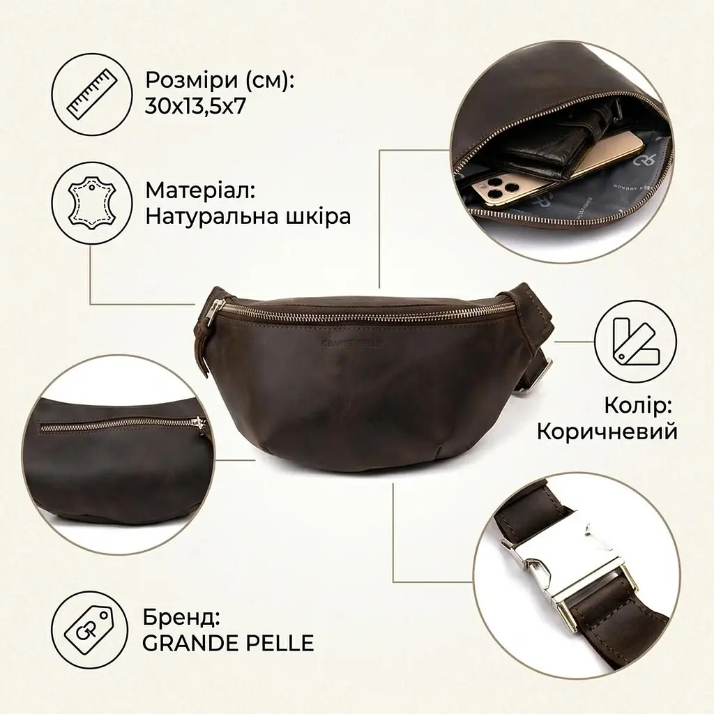 Бананка у вінтажній шкірі Grande Pelle 11154 коричнева - фото 4