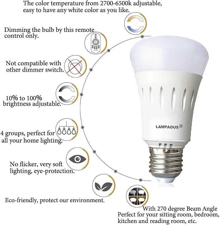 Лампочка LAMPAOUS White Ambiance 9W E27 Dimmable з бездротовим пультом дистанційного керування 2.4G, від 90 люменів до 800 люмен - фото 5