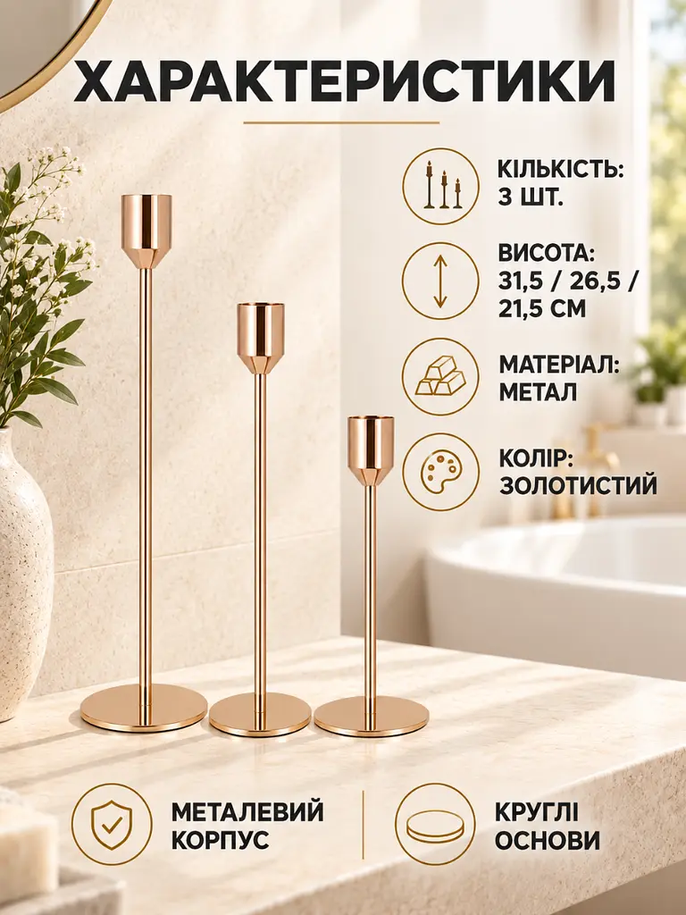 Набір декоративних підсвічників 3 шт 21,5 см / 26,5 см / 31.5 см для інтер'єру золотистий (37261210) - фото 7