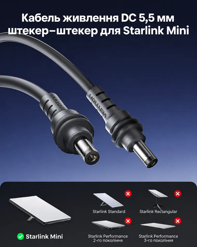 Кабель живлення для Starlink Mini Vention 10 м DC 5,5 × 2,1 мм сірий (FDUHL) - фото 2