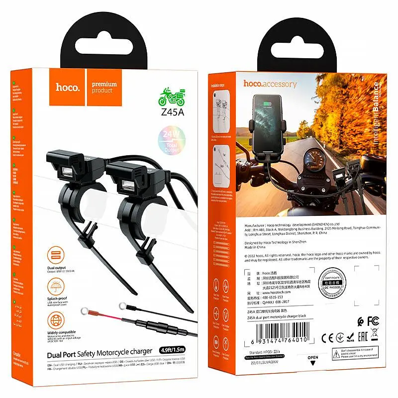 АЗП Hoco Z45A 2.4A для мотоцикла (2USB-A) Black - фото 5