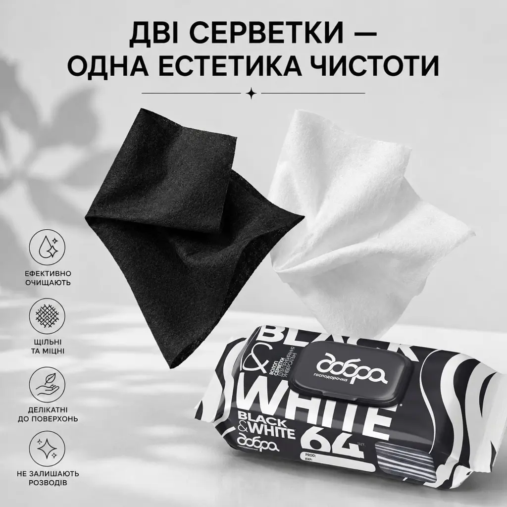 Серветки для прибирання Добра Господарочка Black&White Вологі Універсальні 64 шт. (4820086524247) - фото 2