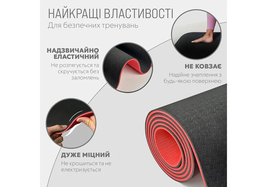 Килимок для йоги та фітнесу EasyFit TPE+TC 6 мм двошаровий + Чохол чорний з червоним (EF-1924s-BR) - фото 3