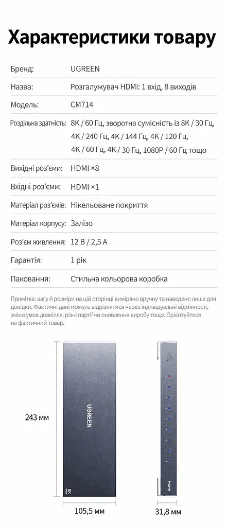 HDMI-розгалужувач UGREEN CM714 спліттер HDMI 2.1 1 вхід і 8 виходів дублювання одного зображення на 8 екранах 8K 60 Гц і 4K 240 Гц для 8K 60 Гц і 4K 240 Гц (25860) - фото 5