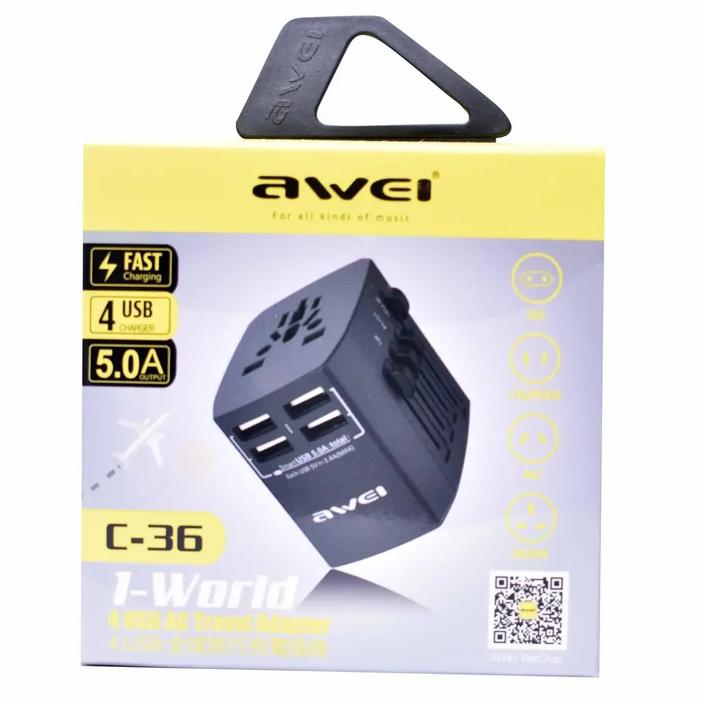 Універсальний адаптер зарядний Awei 4 USB AC Travel Adapter C-36 eu uk au us - фото 3
