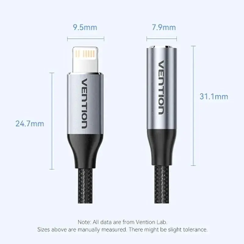 Перехідник Lightning to 3.5mm 0.1m cotton braided aluminum gray Vention (BMBHA) - фото 2