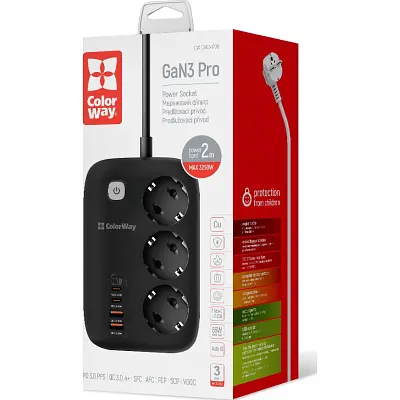 Мережевий фільтр живлення ColorWay (CW-CHE34PDB) 3 роз/4USB GaN3 Pro (CW-CHE34PDB) - фото 6