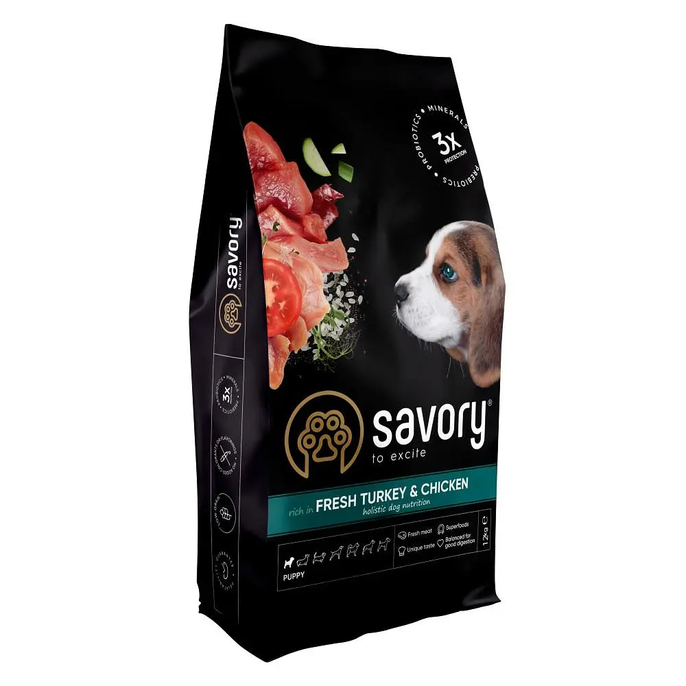Сухий корм Savory Puppy Сейворі для цуценят усіх порід, зі свіжою індичкою та куркою, 12 кг (арт.30303)