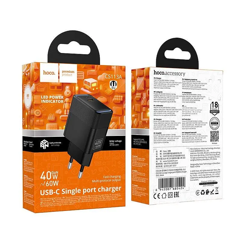 Адаптер сетевой HOCO Lounge single port PD charger CS113A 1Type-C, 40/60W, 3A, PD3.2/QC3.0 - фото 2