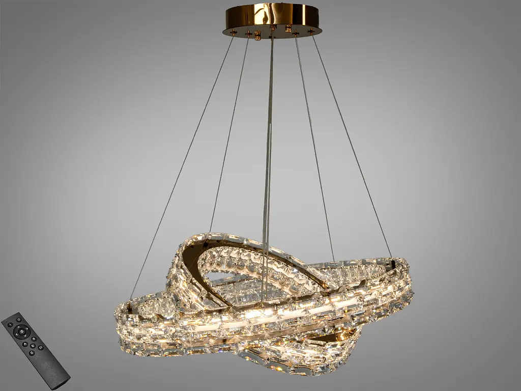 Підвісна LED-люстра Diasha 7896/600+400S-gold з двома кришталевими кільцями, пультом, 54 W, Gold, 60 см, 12-20m2 - фото 2