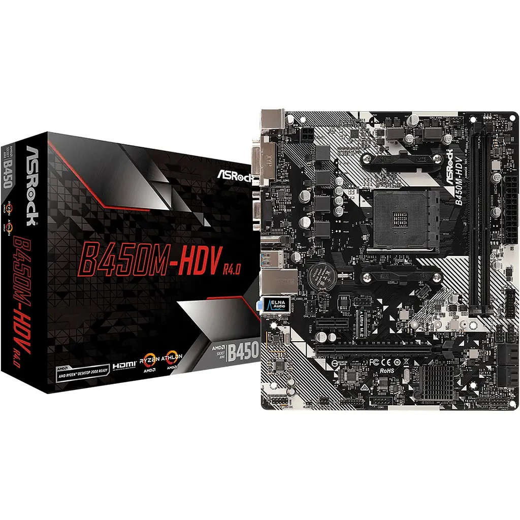 Материнська плата ASRock B450M-HDV R4.0 (AM4/B450, 2xDDR4, PCIex16, DVI-D/HDMI/VGA, 4xSATAІІІ, M.2, GLan, 8ch, mATX) - фото 2