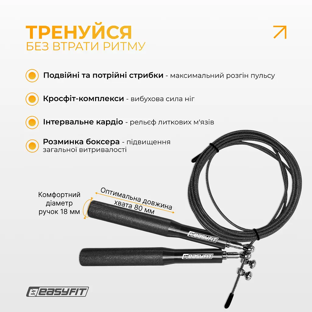 Швидкісна скакалка EasyFit Aluminium зі сталевим тросом та алюмінієвими ручками чорна - фото 5