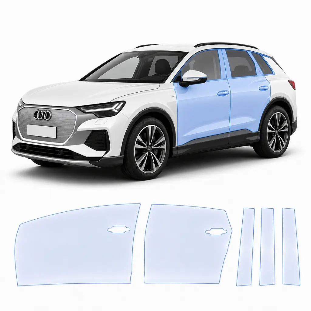 Антигравійна захисна бронеплівка за лекалами для Audi Q4 e-tron F4 2021- зони дверей і стійки вікон
