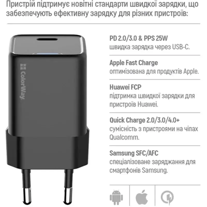 Зарядний пристрій ColorWay GaN Mini 25W PD Port PPS USB-C black (CW-CHS052PD-BK) - фото 9