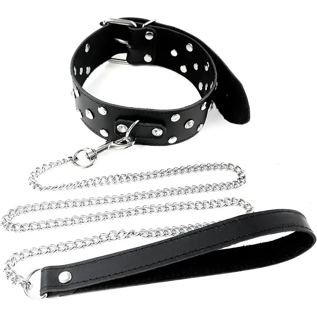 Нашийник з повідцем із натуральної шкіри із заклепками Art of Sex - Jenna Collar With Leash, чорний - фото 2